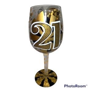 Lolita Wine Glass Gold and Black 21 and Having Fun Hand Painted Glitter 15 oz